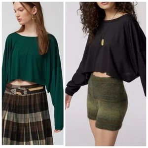 OUT FROM UNDER (UO) L Forest Green Cropped Tee Cozy Boatneck Drapey Fit